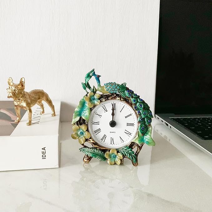 Vintage Mini Analog Table Clock, Silent Small Table Clock with Hand-Painted Metal Body and Battery Operated Non-Ticking Clock Core for Shelf, Bedroom, Bedside, Desk, Gift Clock