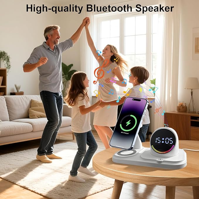 6-in-1 Wireless Charging Station with Bluetooth Speaker,Digital Clock and Ambient Lights,Fast Wireless Charger for for Multiple Devices for Apple - iPhone 17 16 15 14 13 12 Pro Max Apple Watch Airpods