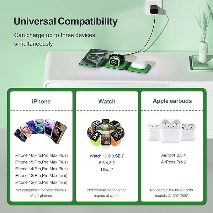 3 in 1 Charging Station for Multple Devices,Foldable 3 in 1 Wireless Charger for Travel,Nano Wireless Charging Station for iPhone16 15 14 13 12 Pro Max/Watch 10 9 8 7 6 5 4 3 Ultra/AirPod Pro