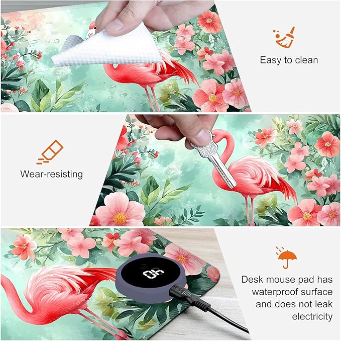 Heated Mouse Pad,Warm Desk Pad with 3 Levels Heating & 3 Hours Auto Shut-Off, PU Leather Heated Desk Pad Warmer Pad for Home Office - 31.5 x 13 inch,Beautiful Flamingos