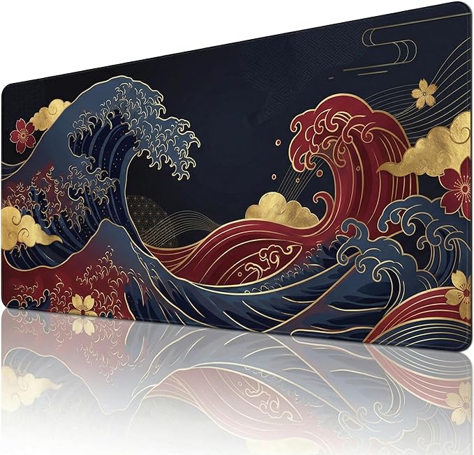48x24in Large Gaming Mouse Pad, Traditional Japanese Wave Extended Desk Mat, Non-Slip Waterproof Keyboard Pad with Gold Accents for Home Office Gaming