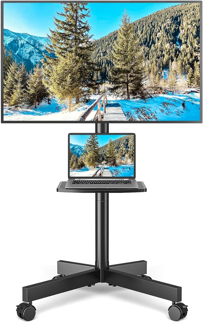 Rolling TV Stand with Shelf for 23-65 inch TVs up to 88lbs, Portable Mobile TV Cart with Silent Wheel, Tilt & Height Adjustable Universal Corner TV Stand for Bedroom, Living Room, Office