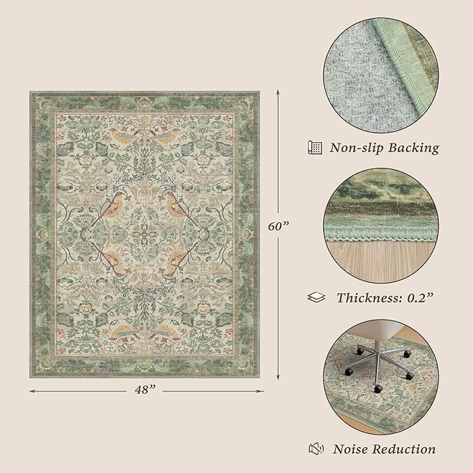 Vintage Farmhouse Office Chair Mat for Hard Wood Floors, Anti-Slip Floral Bird Floor Protector for Heavy Duty Computer Chair, 48"x60" Low Pile Under Desk Rug, Sage Nature Botanical Indoor Décor