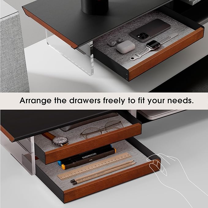 Fenge 42.5” Dual Monitor Stand Riser with 2 Felt-Lined Drawers, Aesthetic Metal and Wood Monitor Shelf with Acrylic Legs, 2-Tier Desk Organizer for 2 Monitors, Laptop, Printer, TV, Black