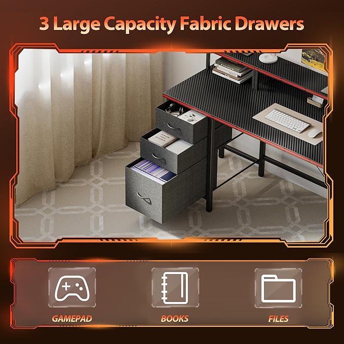 Mericonia 63 inch Computer Desk with Storage Drawers & Monitor Stand, Reversible Gaming Desk with LED Lights & Power Outlets, Large Gaming Table for Home Office