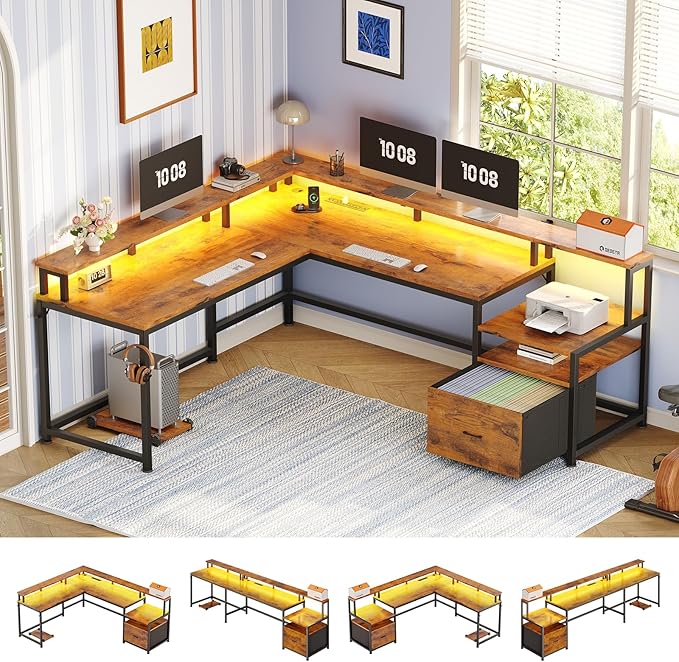 SEDETA 66" L Shaped Desk with Power Outlet, Reversible Home Office Computer Desk with File Drawer & Monitor Shelf, Storage Shelves, LED Lights, Rustic Brown for Corner Small Spaces