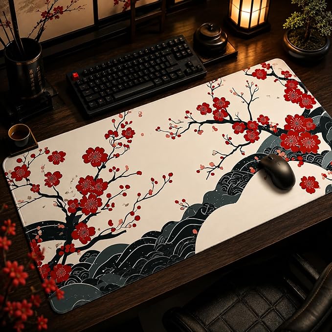 AQQA Japanese Desk Mat, Cherry Blossom Waves Large Gaming Mouse Pad, XL Anime Gaming Keyboard Mat Non-Slip Rubber Base Mousepad Desk Decor for Women Home Office, 31.5”x15.7”