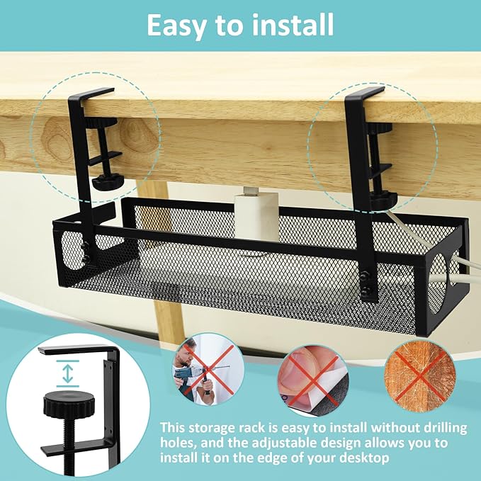 Under Desk Cable Tray, Easy to Install Cable Management Tray, No Drill Under Desk Wire Holder, Space Saving Cord Holder Shelf for Office Home Dormitory(Black)
