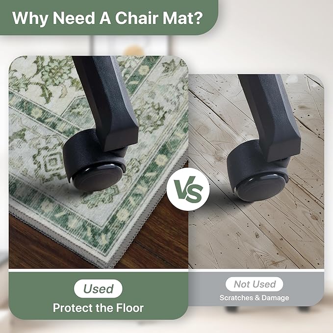 48"x48" Office Chair Mat for Hardwood Tile Floor, Under Desk Carpet Protector for Rolling Computer Chair Mat, Machine Washable Round Area Rug, Anti-Slip 1/5" Thick Low Pile Thin Floor Mat, Green