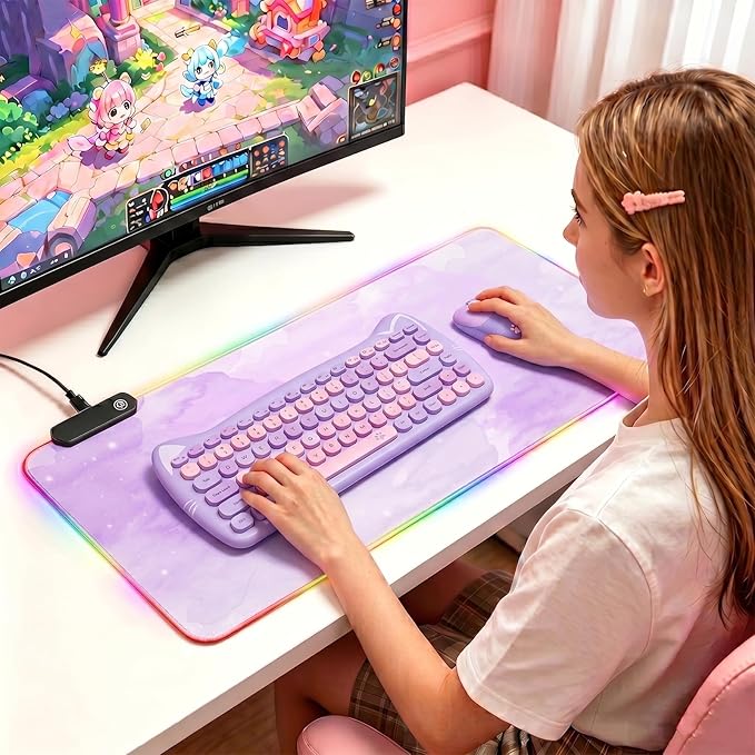 RGB Large Gaming Mouse Pad, Extended Mouse Pad with 12 Lighting Effects, Water Proof Mutispandex Surface, Non-Slip Rubber Base, 80x30 cm / 31.5×11.8 in (Purple Nebula)