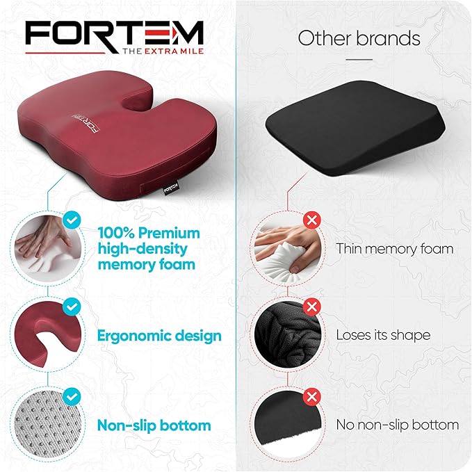 FORTEM Seat Cushion, Office Chair Cushion, Memory Foam Car Seat Cushions, Sciatica Coccyx Tailbone Pain Relief, Chair Cushions for Back Support, Sitting Pad for Gaming, Washable Cover, Non Slip, XL