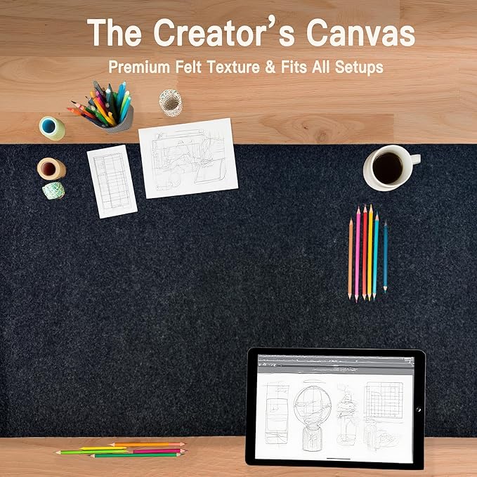 Large Felt Desk Mat, 35.4"x15.4" Felt Desk Pad - Non-Slip Keyboard Mat & Mouse Pad for Office and Gaming, Water Resistant Desktop Protector for Computer, Home, Work (Black Gray)