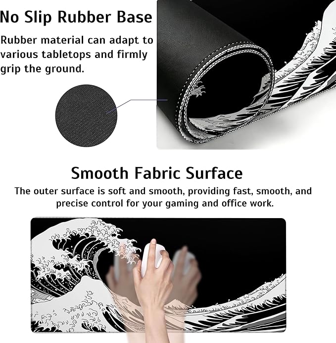 Large Gaming Mouse Pad Dark Wave Desk Mat,Non-Slip Rubber Base Stitched Edges,Extended Mousepad for PC,Laptop,Office,Home Decor(31.5 x 11.8 Inch)