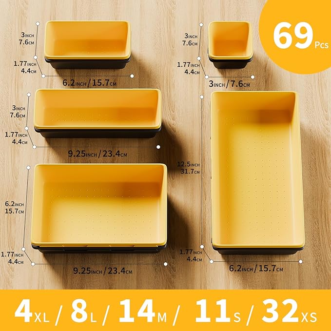 [5 Sizes] [69 PCS] Tool Drawer Organizer, Tool Box Tray, Desk Drawer Tray, Rolling Tool Chest, Toolbox Organzier (Black+Yellow)