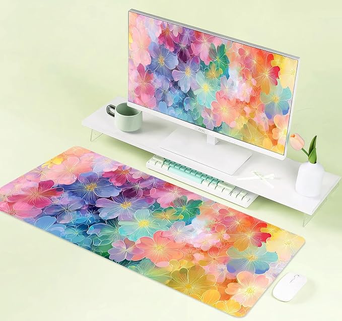 Colorful Flowers Large Mouse Pad Mat, Pink Blue Yellow and Green Pattern Desk Mat, Watercolor Beautiful Floral Desk Pads for Office, Non-Slip Laptop Computer Pad, 31.5x11.8 in