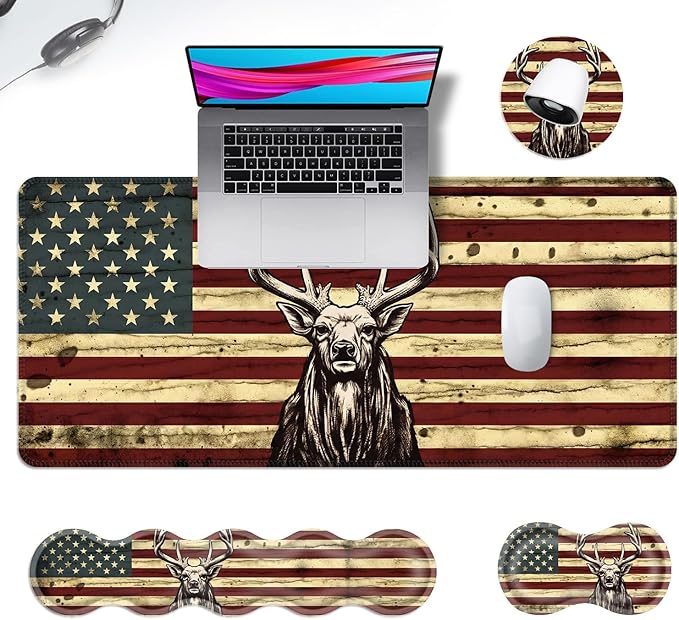 Ergonomic Mouse Pad Set with Wrist Support for Keyboard and Wrist Rest for Mouse, Memory Foam Comfort, Non-Slip Large Desk Mat for Home Office Pain Relief,Camo Deer American Flag Design