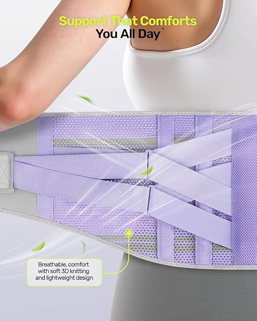 Rakiie Back Brace for Lower Back Pain Women with 9X Support System, Ergonomic Lumbar Support for Pain Relief, Breathable Mesh Design with 3D Silicone Pad for Sciatica, Sciatica,Purple Size L (Waist: 35.8"-43.7")