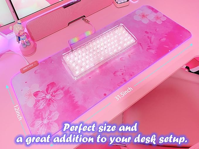 JMIYAV RGB Cherry Blossom Gaming Mouse Pad Pink 31.5x12 Inch PC XL Large Extended Glowing Led Light Up Desk Pad Non-Slip Rubber Base Computer Keyboard and Mouse Pad Cute Mousepad