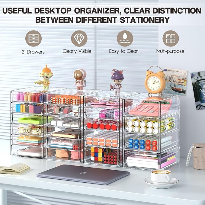 AMALEKO Acrylic Drawer Organizers - 21 Drawers 4 Set - Clear Storage Drawers for Office Supplies - Stackable Makeup Organizer - Dustproof Desk Organizers for Makeup, Jewelry, Pen, Stationary