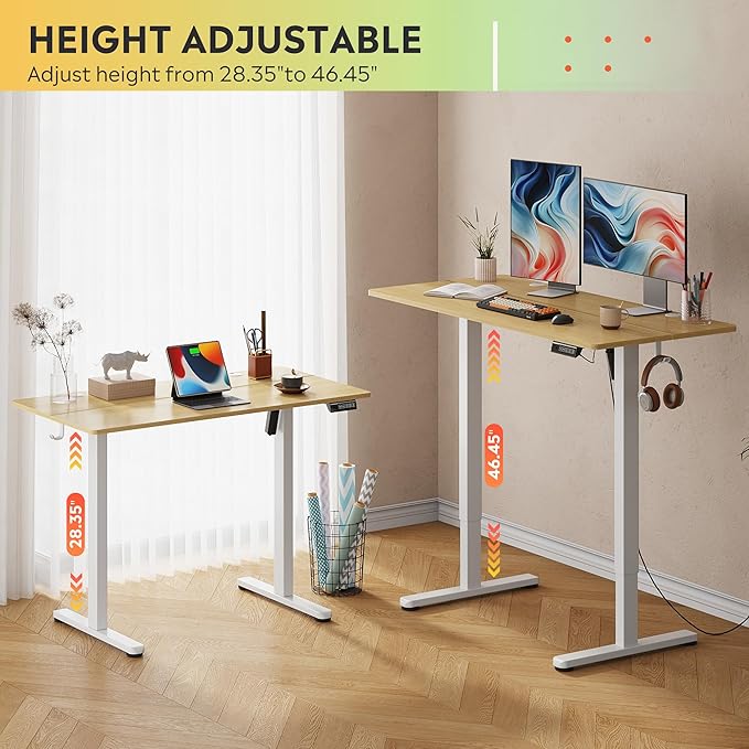 DEVAISE 48 Inch Electric Standing Desk, 3 Adjustable Computer Desk for Home Office, Ergonomic Sit to Stand Desk with LED Touchscreen, Headphone Hook, 3 Memory Preset, with Split Top, Maple
