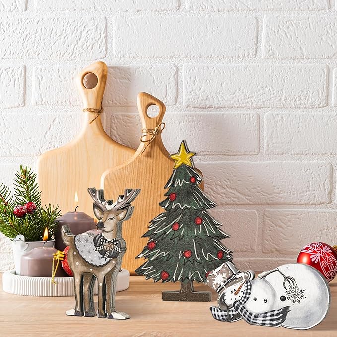 Smile 3 Pcs Wooden Blocks Christmas Signs, Reindeer Tree Snowman Tiered Tray Decorations, for Home Table Shelf.