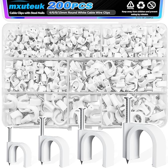 mxuteuk 200PCS Cable Clips with Steel Nails,4/6/8/10mm Round White Cable Wire Clips,Wall Clips for Cords,Cable Cord Clips for RG6 RG59 CAT6 RJ45