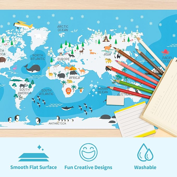 Kid's Desk Mat Cute Early Education Leather Desk Mat, Kawaii Blue Toddler World Map Waterproof Desk Writing Pad, Large Keyboard and Mouse Mat for Classroom/Kindergarten(35.4" X 15.7")