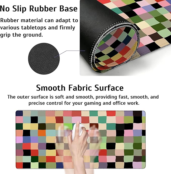 Large Gaming Mouse Pad Colored Squares Desk Mat,Non-Slip Rubber Base Stitched Edges,Extended Mousepad for PC,Laptop,Office,Home Decor(31.5 x 11.8 Inch)