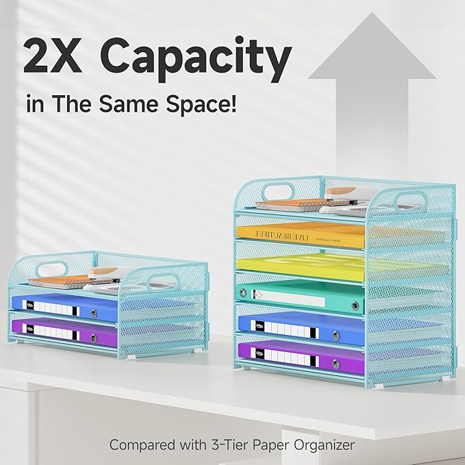 Cawukege 6 Tier Paper Organizer, Letter Tray with Handle, Mesh Desk Organizer, Metal File Organizer, Office Desk Accessories for Home, Office, Classroom, School -Blue
