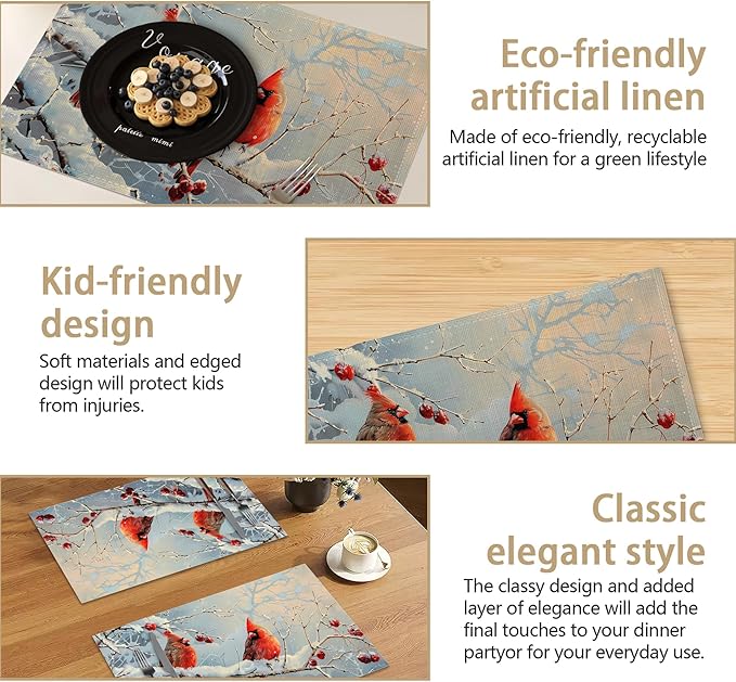 Red Cardinal Bird Christmas Placemats Set of 6 Linen Table Mats, 12x18 Inch Washable Placemats for Dining Table, Non Slip Heat Resistant Mats for Kitchen Home Decor