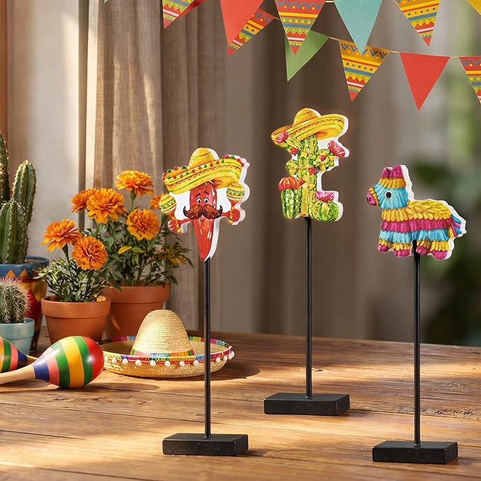 Smile Cinco De Mayo Tabletop Decor Mexican Fiesta Standing Figures (Cactus, Chili Pepper, Piñata) with Wooden Base & Sticks for Tiered Tray & Party Display