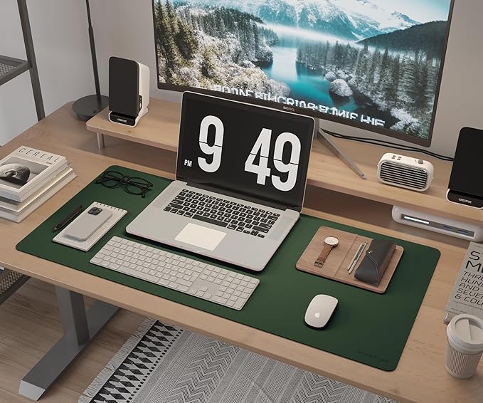 RENMTURE Desk Pad, Cork & PU Leather Desk Mat, Large Mouse pad, Non-Slip Desk Protector and Blotter, Waterproof Writing Pad, Desk Accessories and Organizers for Home Office (Deep Green,32"x16")