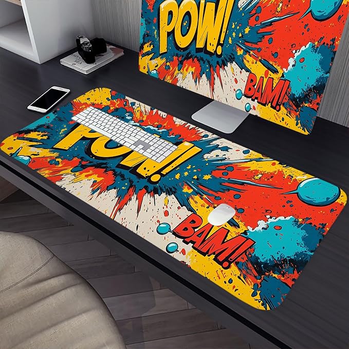 Classic Comic Art Gaming Mouse Pad Colorful Pow Bam Word Art Extended Gaming Mouse Pad Mat with Stitched Edge Non-Slip Base Big Mouse Pad 31.5"x11.8" Office Home Decor for Women Girl