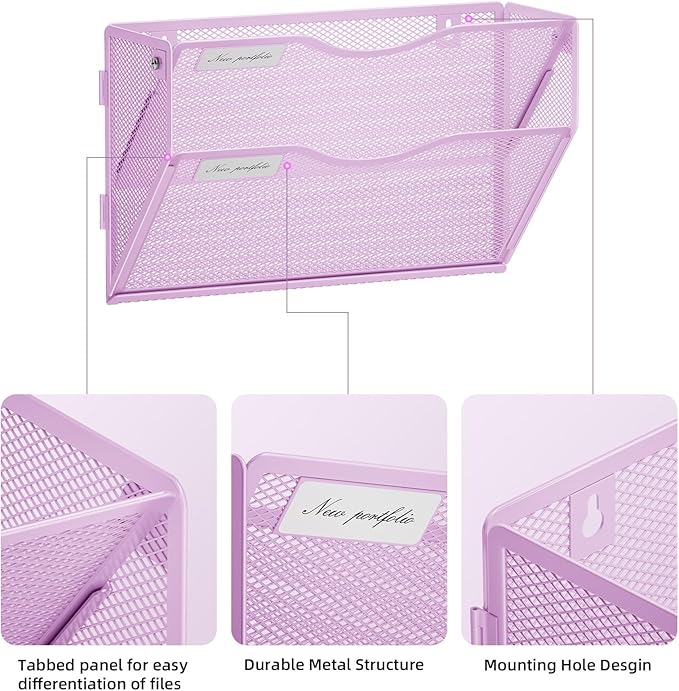 Marbrasse Wall File Holder 2-Tier Hanging Wall File Organizer, Mesh Mail Holder for Papers, Wall Mount File Clipboard & Magazine Organizer Great for Office Home (Purple)