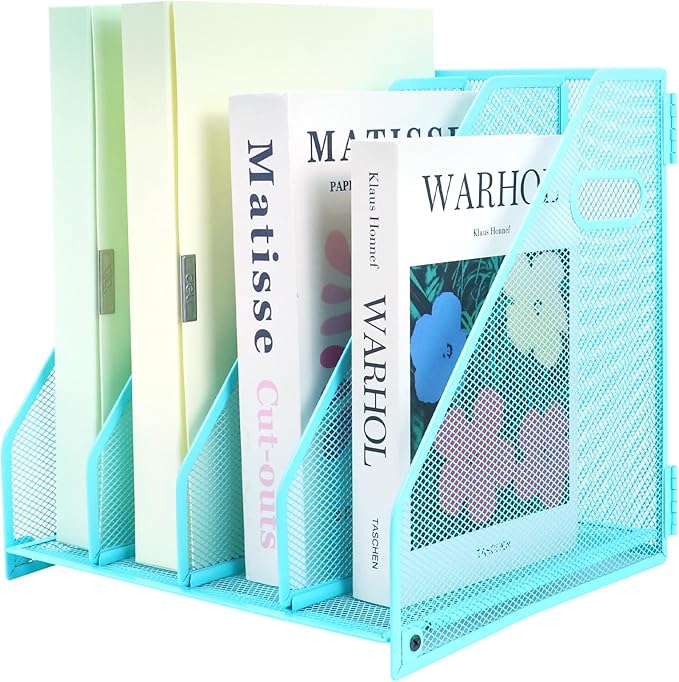 Desk Organizers Metal Magazine File Holder Racks Desktop Folder Storage Binder Organiser Document Organization for Home Office & Classroom,4 Vertical Compartments-Blue