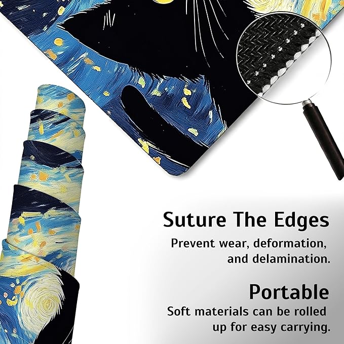 Blue Starry Night Black Cat Mouse Pad,35.4 x 15.7 Inch Large Mouse Mat Non-Slip Rubber Stitched Edges for Writing Desk,Office,Home,Laptop