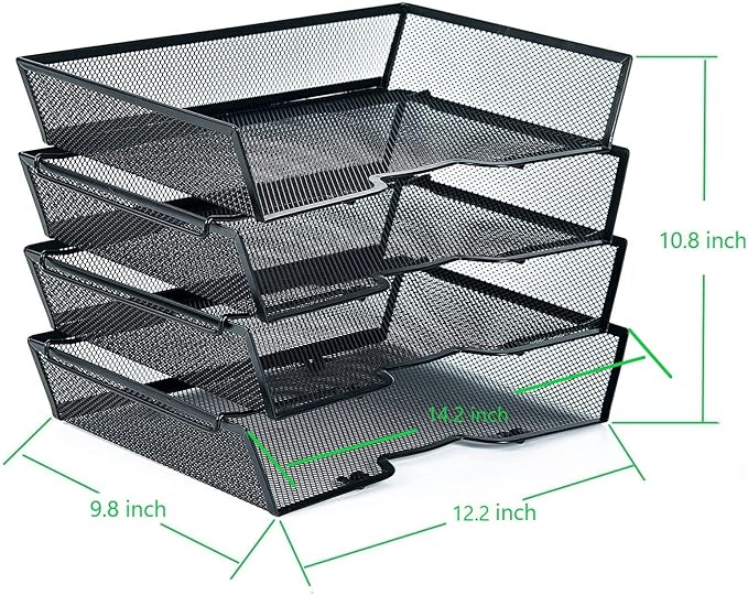 SETTFRFE 4 Tier Metal Mesh Desk Organizer-Stackable Paper Tray for Home, Office,School,Black File Storage System with Reinforced Edges