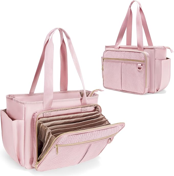 Teacher Tote Bag with Accordion File Organizer Pocket, Large Teacher Work Utility Bag for Women, Pink(Patent Design)