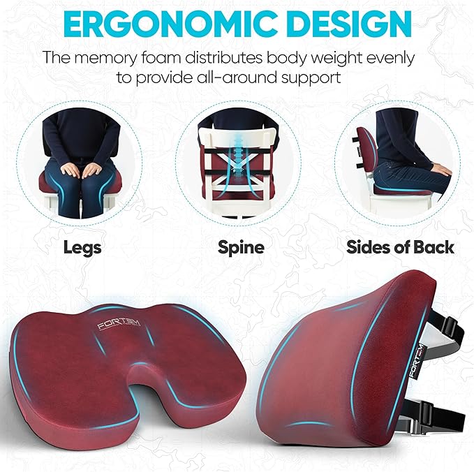 FORTEM Seat Cushion, Office Chair Cushion, Lumbar Support Pillow for Office Chair, Memory Foam Car Seat Cushions, Sciatica Coccyx Tailbone Pain Relief, Cushions for Back Support, Washable, Non Slip XL