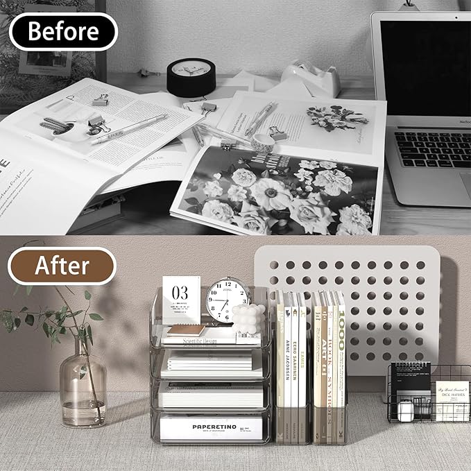 FANXIYQ 4-Tier Acrylic Paper Tray Organizer with Bookends | Clear Stackable Desk Organizer for Documents, Letters, A4 Paper | Modern Office/Classroom/Home Organization,Brown