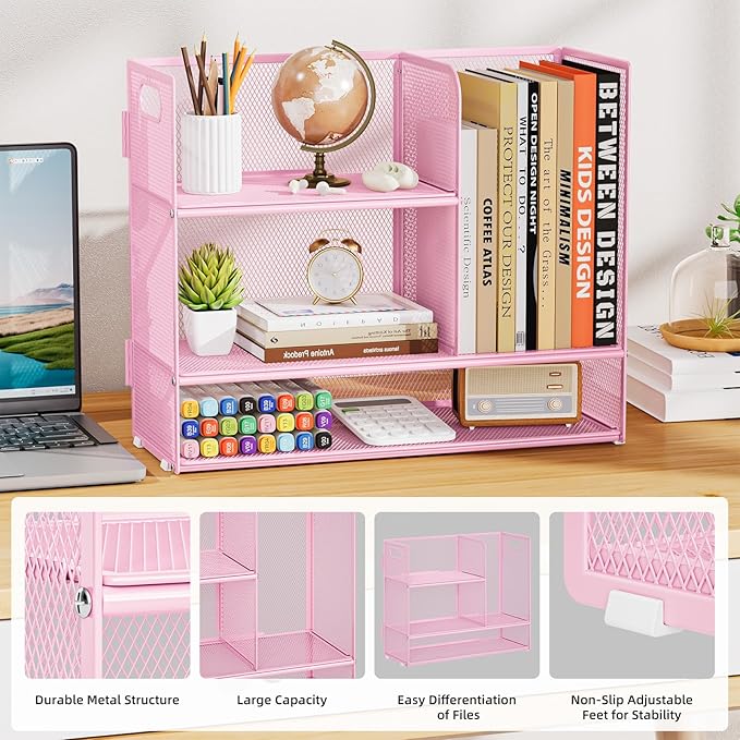 Marbrasse 3-Tier Desk Shelf Organizer with Handle, Desktop Bookshelf File Holder, Mesh Display Shelf Organizer Storage Rack for Office, Home, Supplies, Kitchen (Pink)