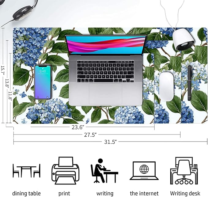 Blue Flower Mouse Pad PU Leather Green Leaves Desk Mat Large Waterproof Gaming Pad Non-Slip Keyboard Mouse Pad Writing Pad for Gamer Office&Home
