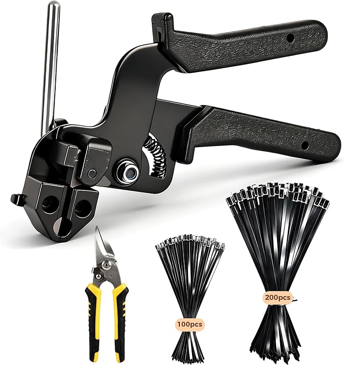 Stainless Steel Cable Tie Gun Kit, 300 Pcs Black 304 Stainless Steel Zip Ties with Cutter, Heavy Duty Metal Cable Ties, 200 11.8-Inch and 100 7.8-Inch for Fence, Farm, Chicken Coop, Pipe