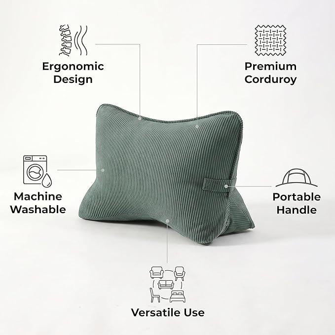 Pat. Pend. Corduroy Lumbar Support Pillow for Sitting and Posture Support, Triangle Cushion for Bed, Sofa or Couch, Reading Back Pillow with Removable Washable Cover, Peacock Blue