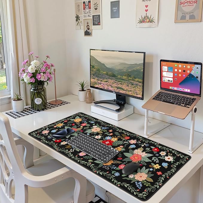HAOCOO Black Desk Pad, Large Mouse Pad for Gaming & Office, Non-Slip Keyboard Mat, Waterproof Computer Accessories with Stitched Edges, Desk Pad Protector for Cubicle Organizers