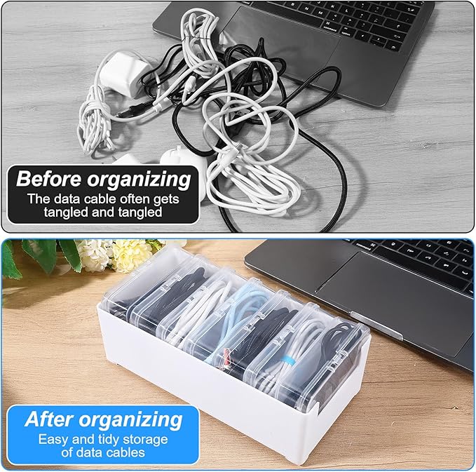 2 Set Cable Organizer Box with 14 Clear Switch Case, Desktop Charger Cord Storage Organizer Box, Charger Cable Organizers for Home Office Desk Accessories Wire Organization Stationery Supplies (White)