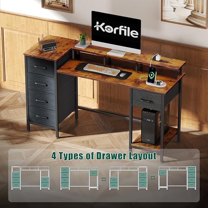 Korfile 55 Inch Gaming Desk with Power Outlets and LED Lights, Reversible Computer Desk with 5 Fabric Storage Drawers, Home Office Desk with Monitor Stand for Working Writing Study, Rustic Brown