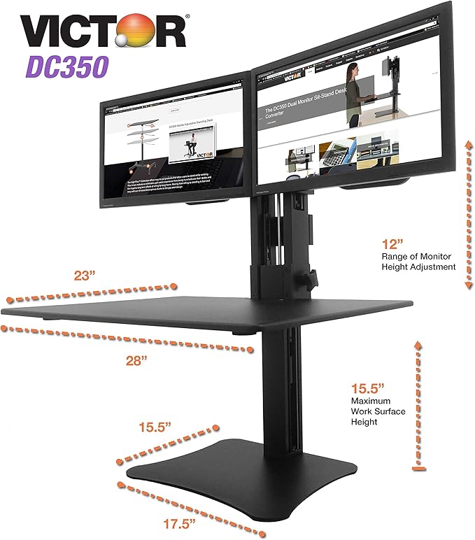 Victor High Rise Collection Dual Monitor Sit-Stand Standing Desk Converter, 28" by 23" by 15.5", Black