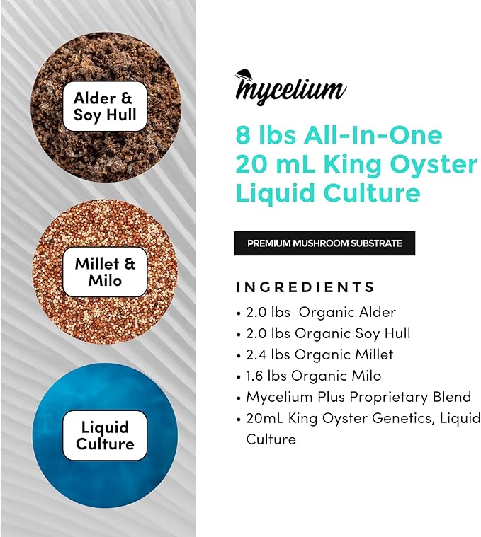 Mycelium Mushroom Growing Kit, King Oyster Gourmet I Alder & Soy Hull Substrate I High Yield Proprietary Mix I Sterile Grow Bag with 20ml Liquid Culture Syringe for Starter & Pro Home Growers, 8lbs