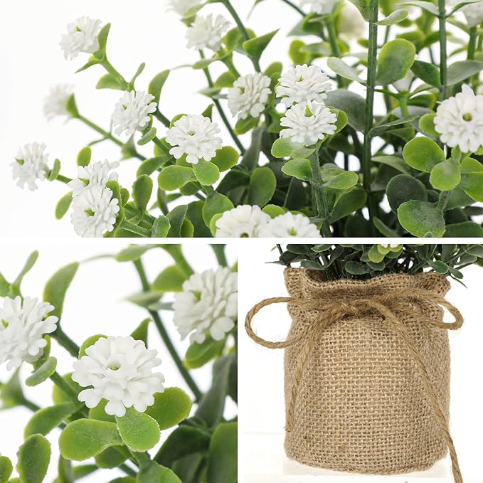 Artificial Mini Potted Flowers Set of 3, Faux Baby’s Breath Plant with Burlap Pot, Small Fake Greenery Desk Decor for Home Office Shelf Table Centerpiece, Rustic Farmhouse Wedding Spring Decorations